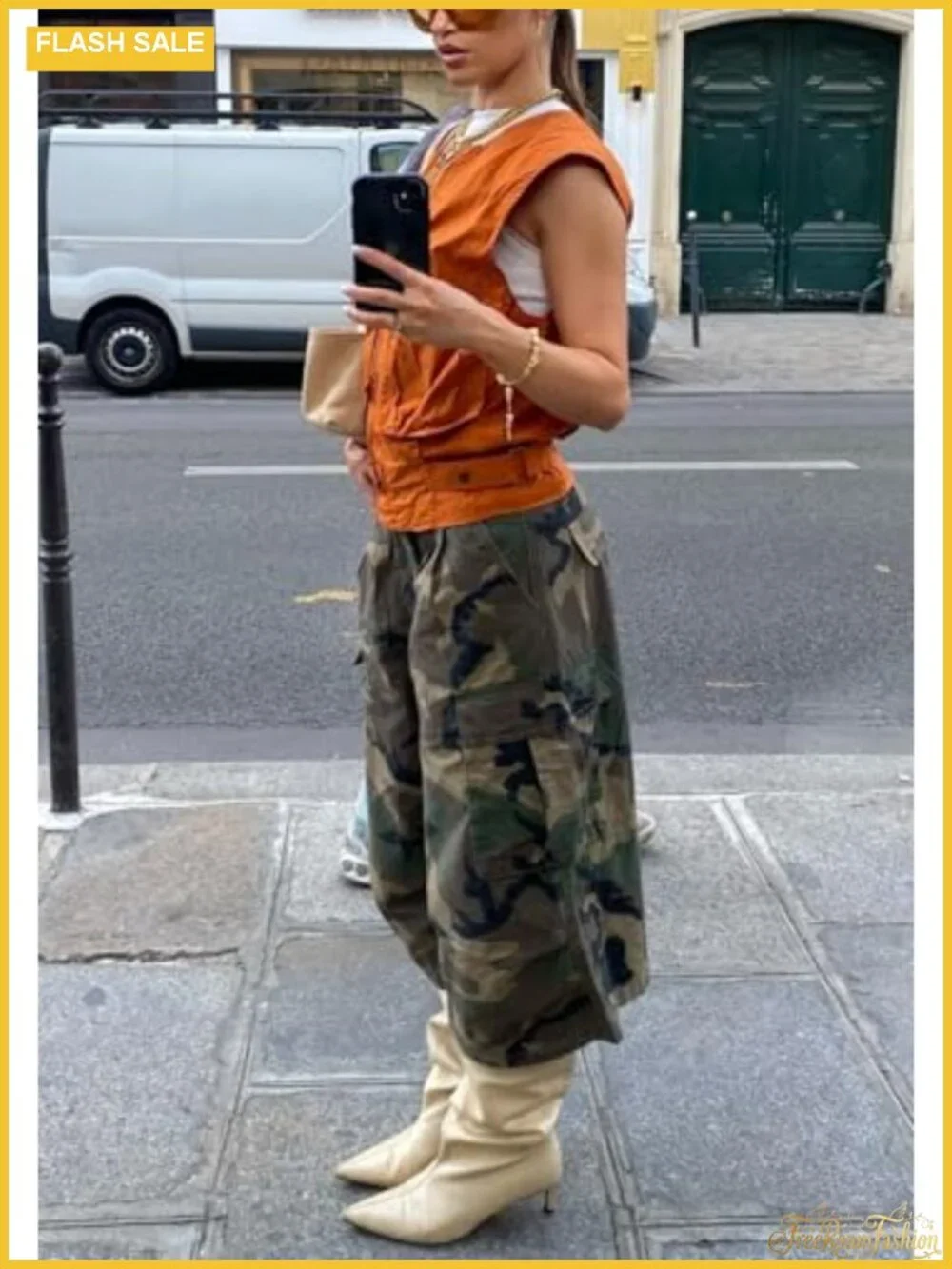 Women's Camo Cargo Jeans Baggy Wide Leg High Waist Capris Camouflage Trousers